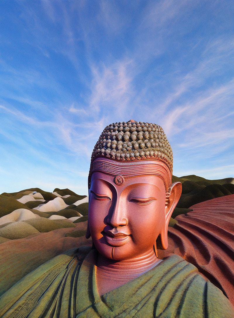 Tranquil Buddha statue in desert landscape