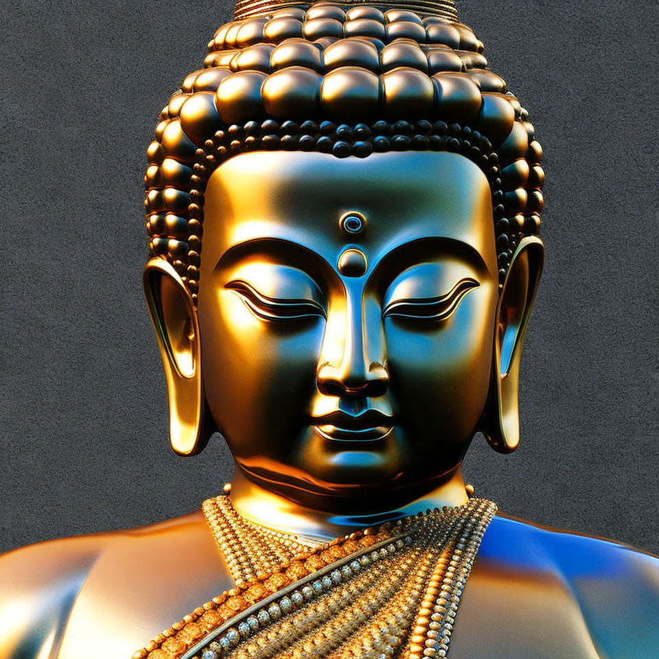 Intricately detailed golden Buddha statue on textured gray background