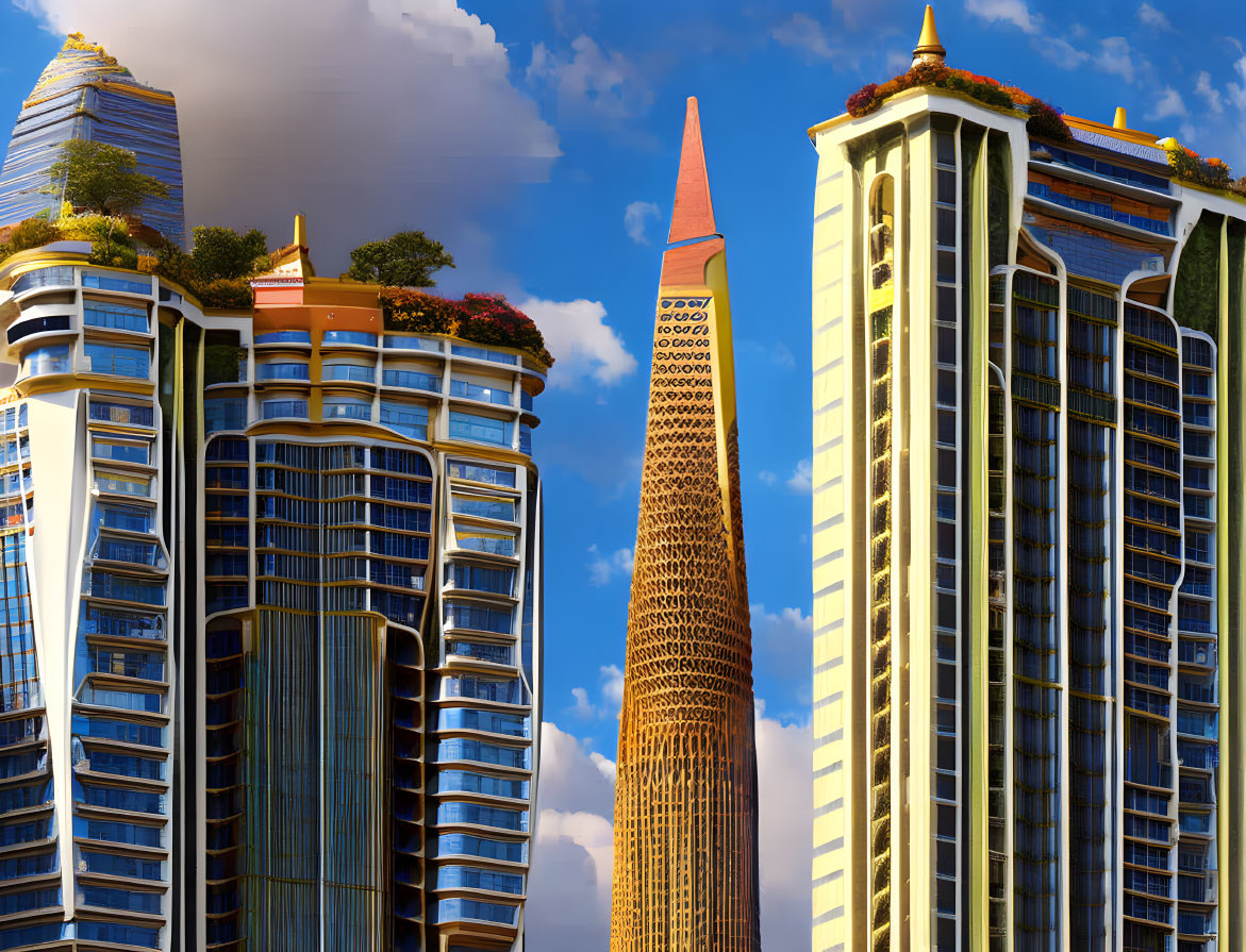 Vibrant futuristic skyscrapers with terraced gardens under blue sky