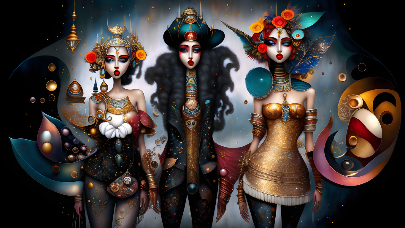 Stylized female figures in fantasy costumes and headdresses on dark space backdrop