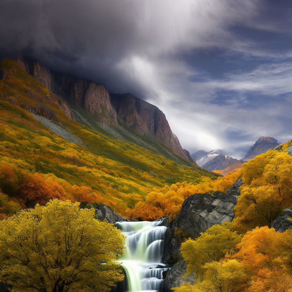 Majestic waterfall in vibrant autumn forest with dramatic clouds