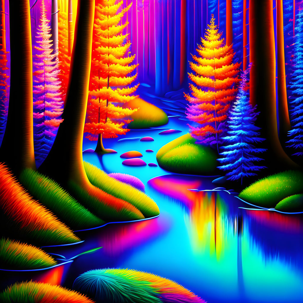 Surreal neon-colored forest reflecting in blue stream