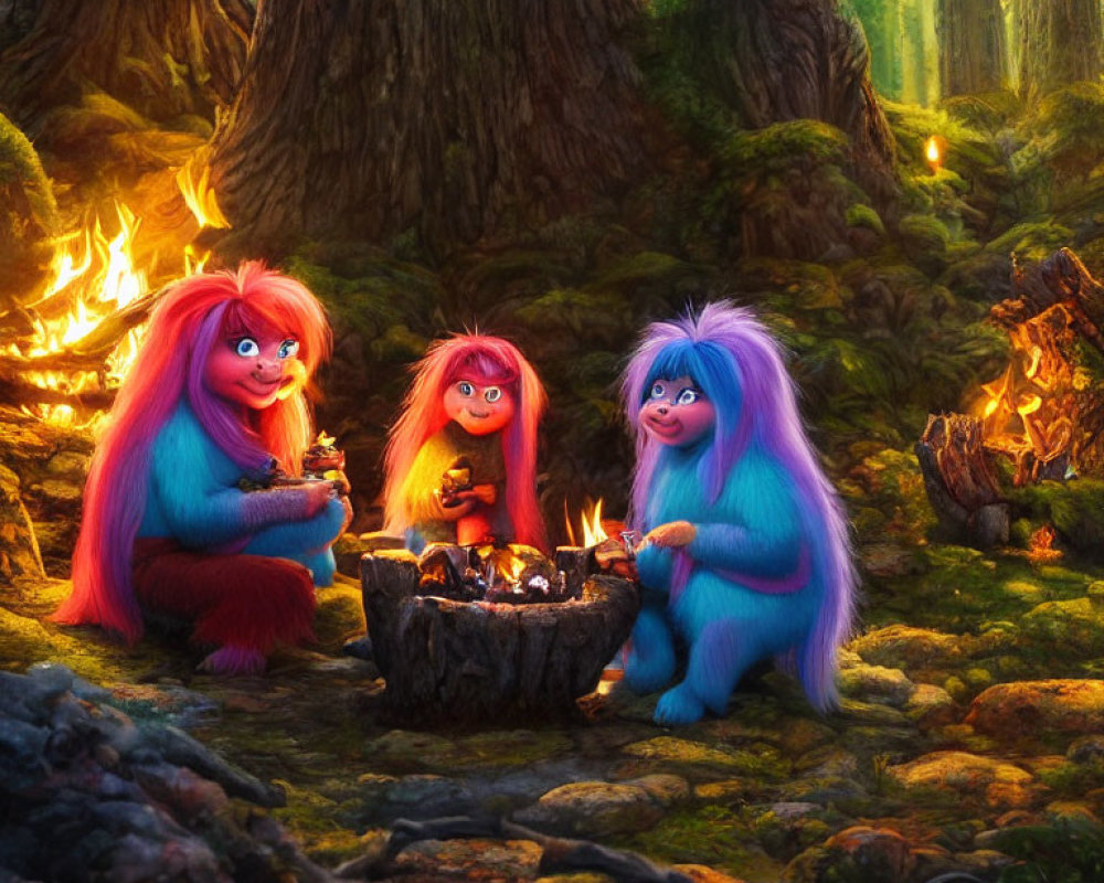 Colorful trolls cooking over fire in enchanted forest.