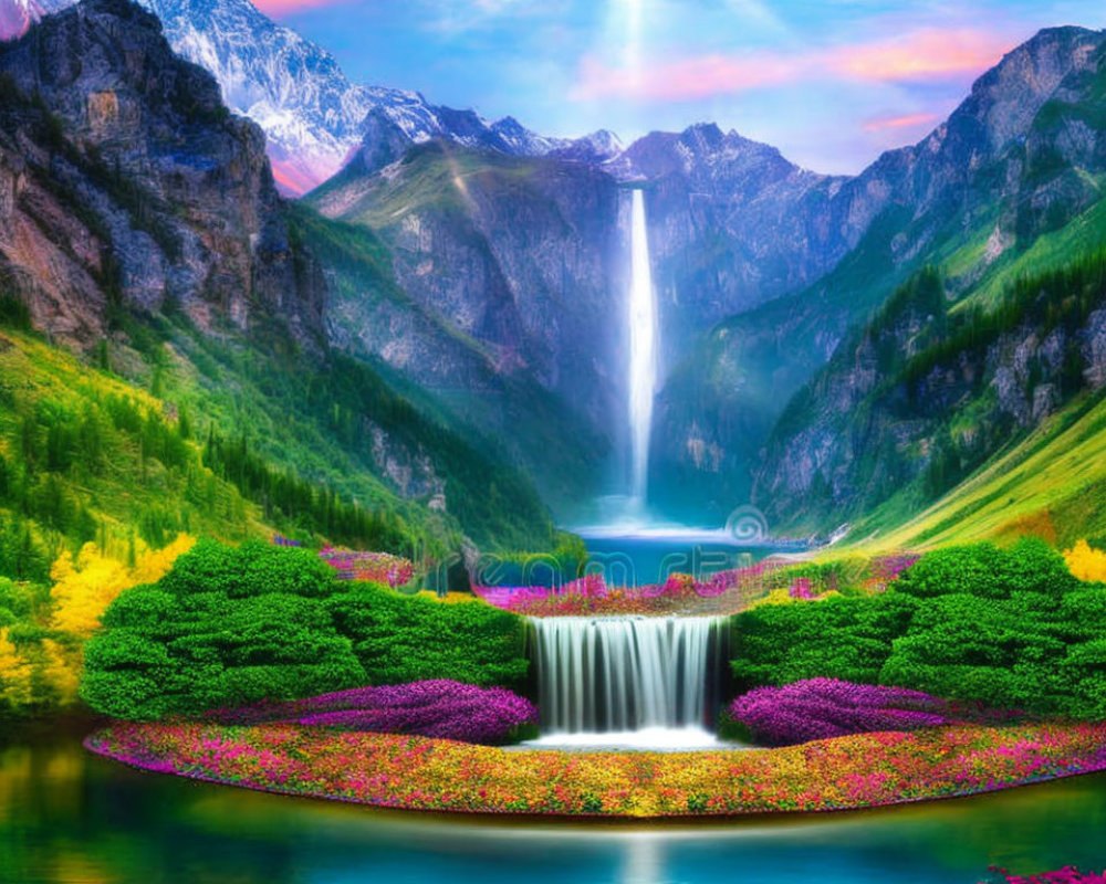 Digitally altered landscape with waterfall, mountains, flowers, and lake