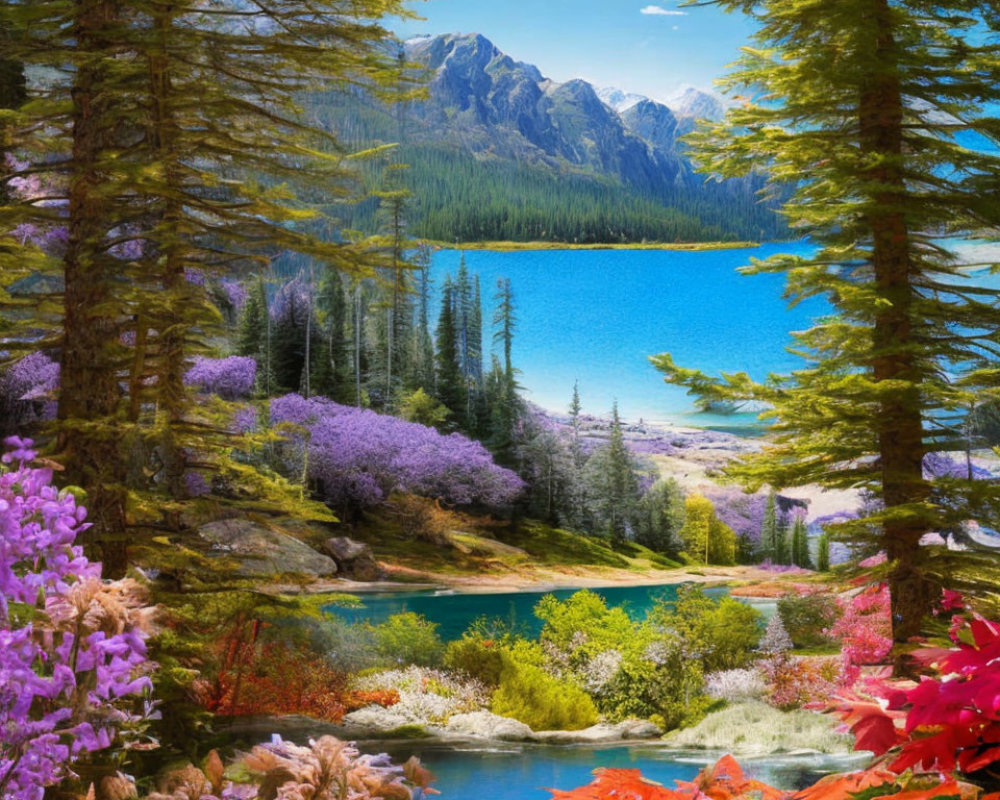 Colorful Mountain Lake Landscape with Flora and Trees