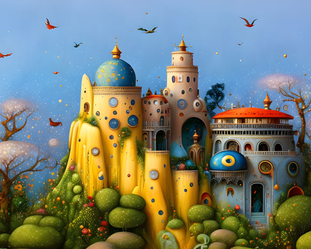 Golden castle with domes and towers in lush landscape with flying birds under blue sky