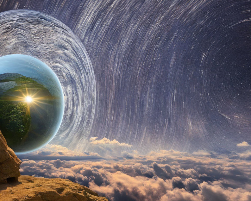 Surreal composite image of large planet rising over cloudy horizon