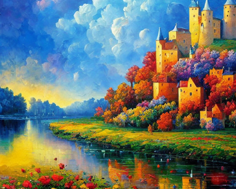 Autumnal castle painting by river with vibrant colors