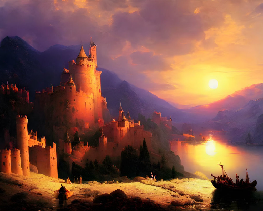 Fantasy castle by lake at sunset with boat and people on shore