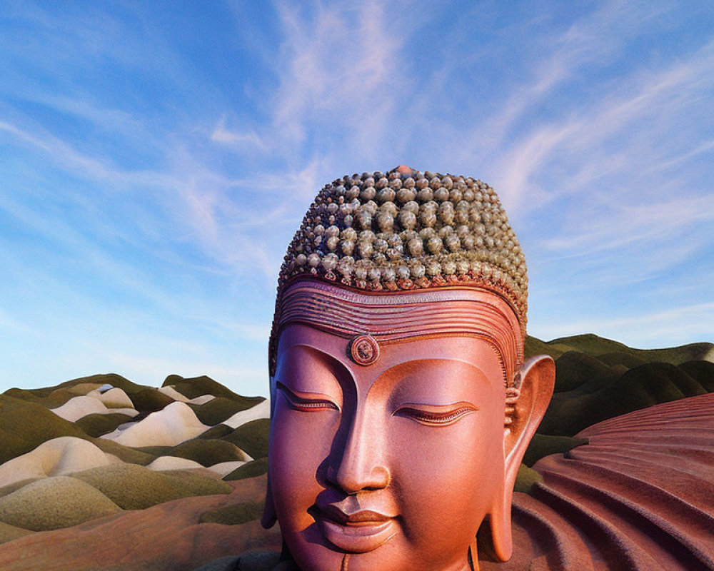 Tranquil Buddha statue in desert landscape