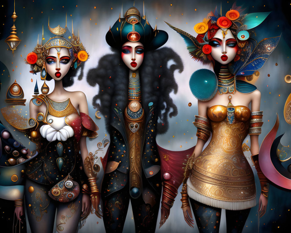 Stylized female figures in fantasy costumes and headdresses on dark space backdrop