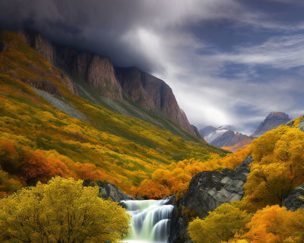 Majestic waterfall in vibrant autumn forest with dramatic clouds