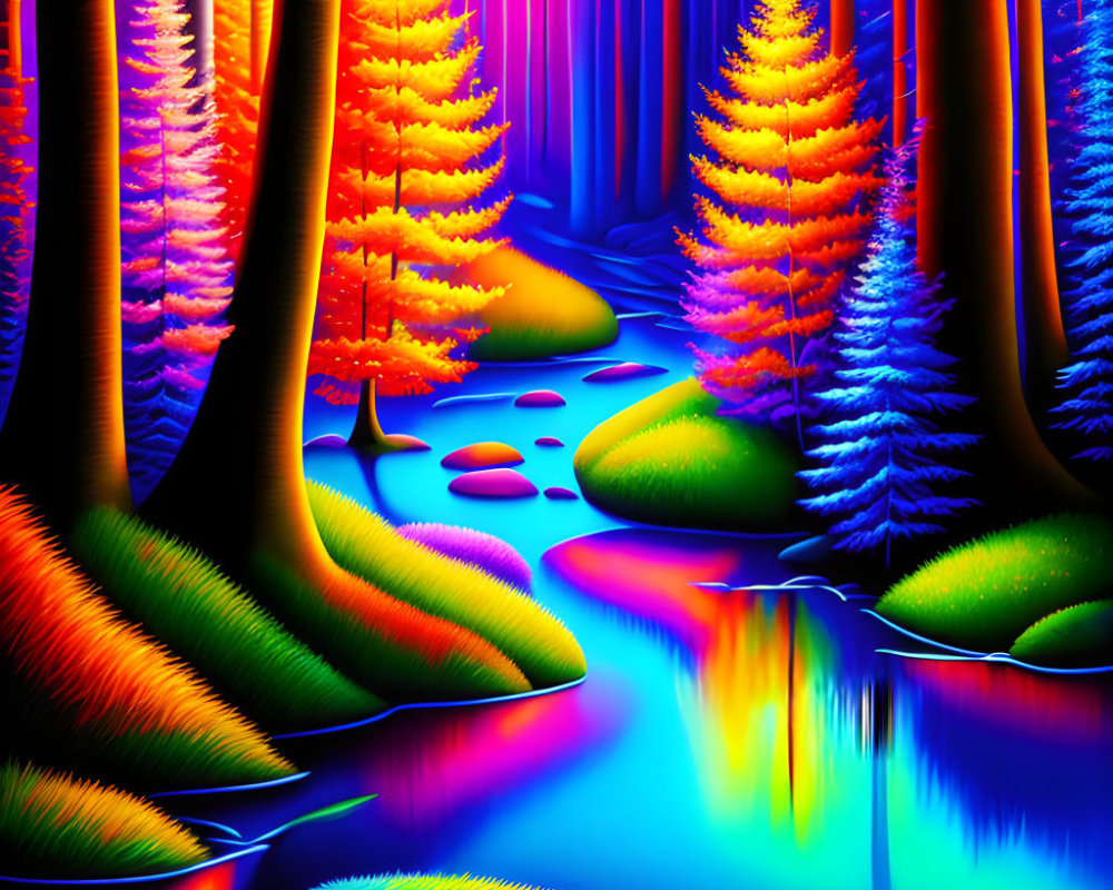 Surreal neon-colored forest reflecting in blue stream