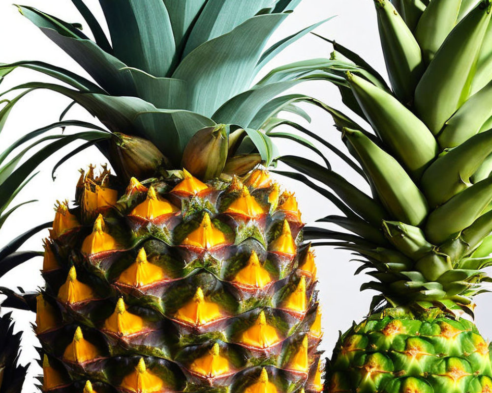 Ripe and unripe pineapples in vibrant colors on white background