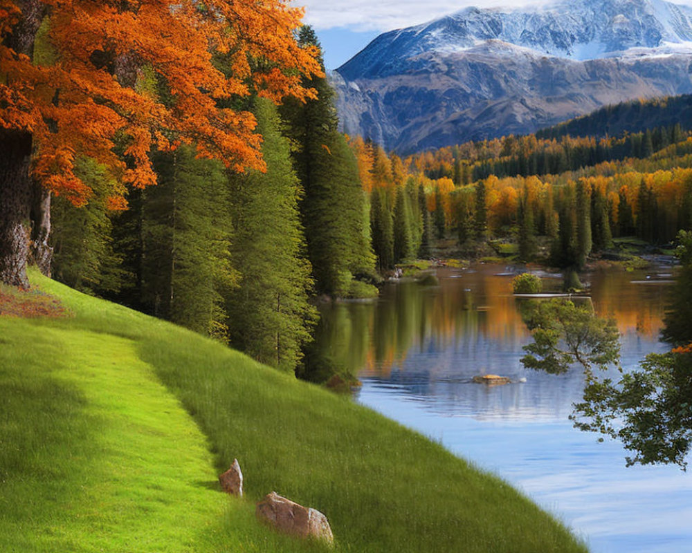 Vibrant Autumn Trees by Calm Lake with Snowy Mountains