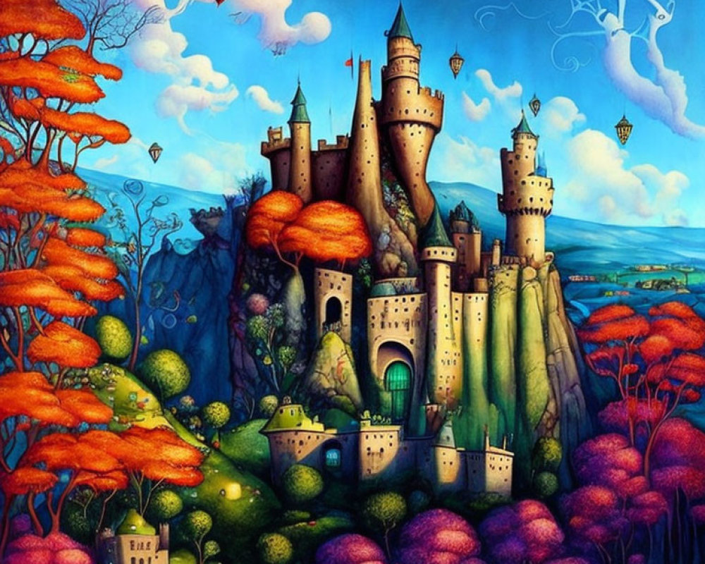 Fantasy landscape with whimsical castles, colorful foliage, and floating bicycle