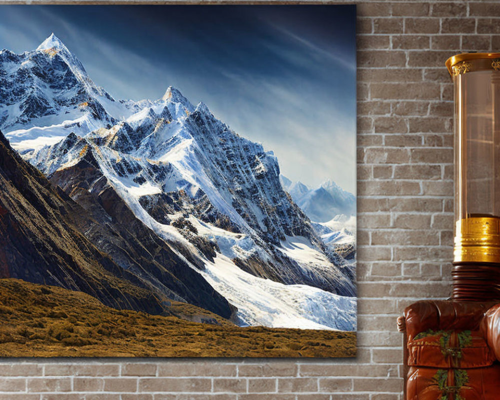 Cozy room corner with leather armchair, mountain range image, and classic floor lamp