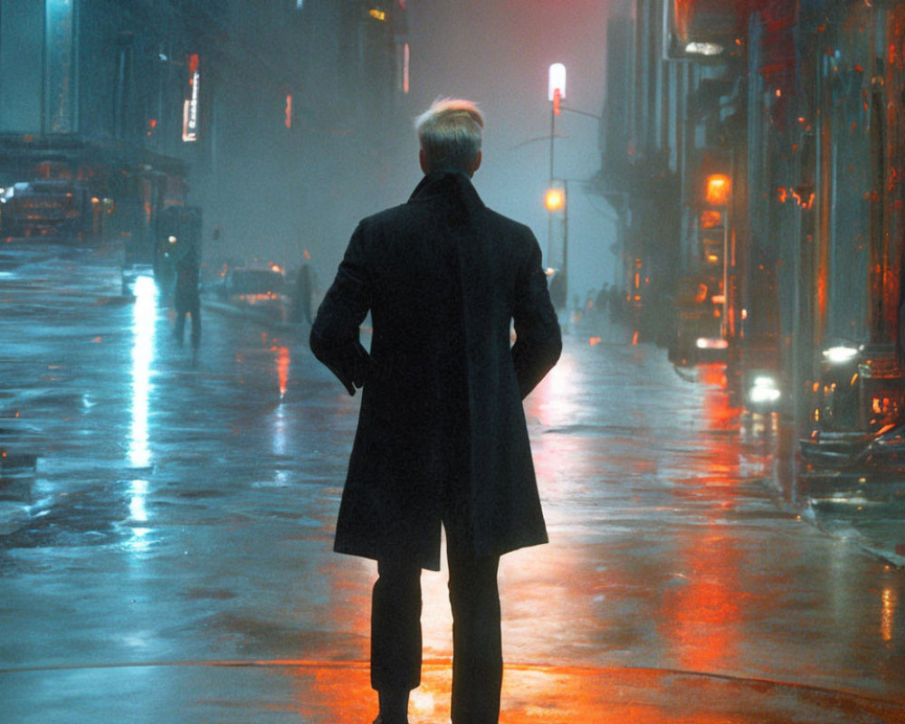 Man in coat on wet city street at night under neon lights