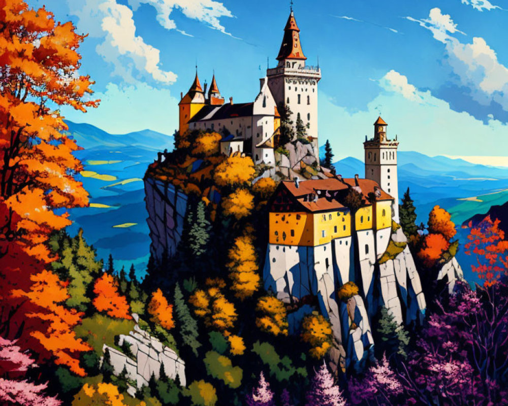 Colorful Castle on Cliff in Autumn Forest with Blue Sky