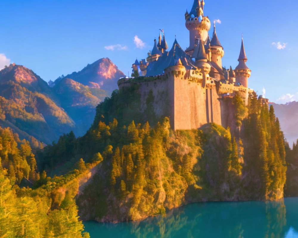 Majestic fairytale castle on hill by serene lake at sunset