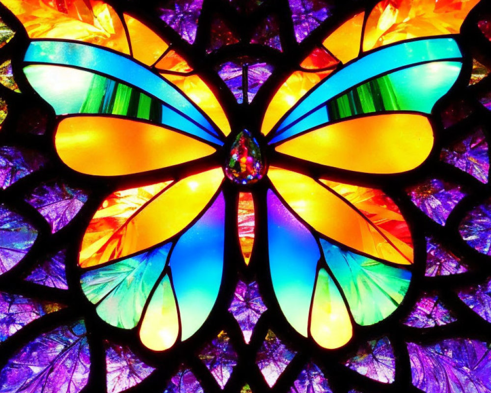 Colorful Stained Glass Butterfly on Dark Patterned Background