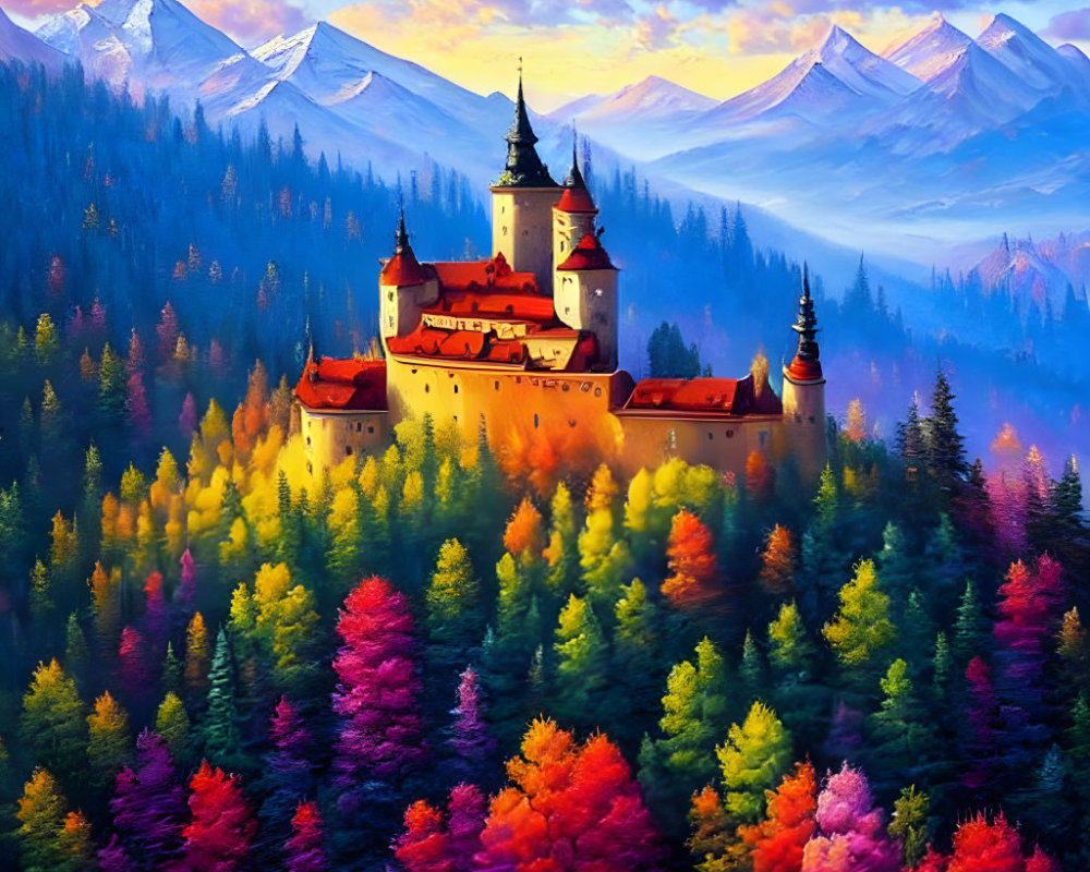 Majestic castle in autumn forest with snow-capped mountains