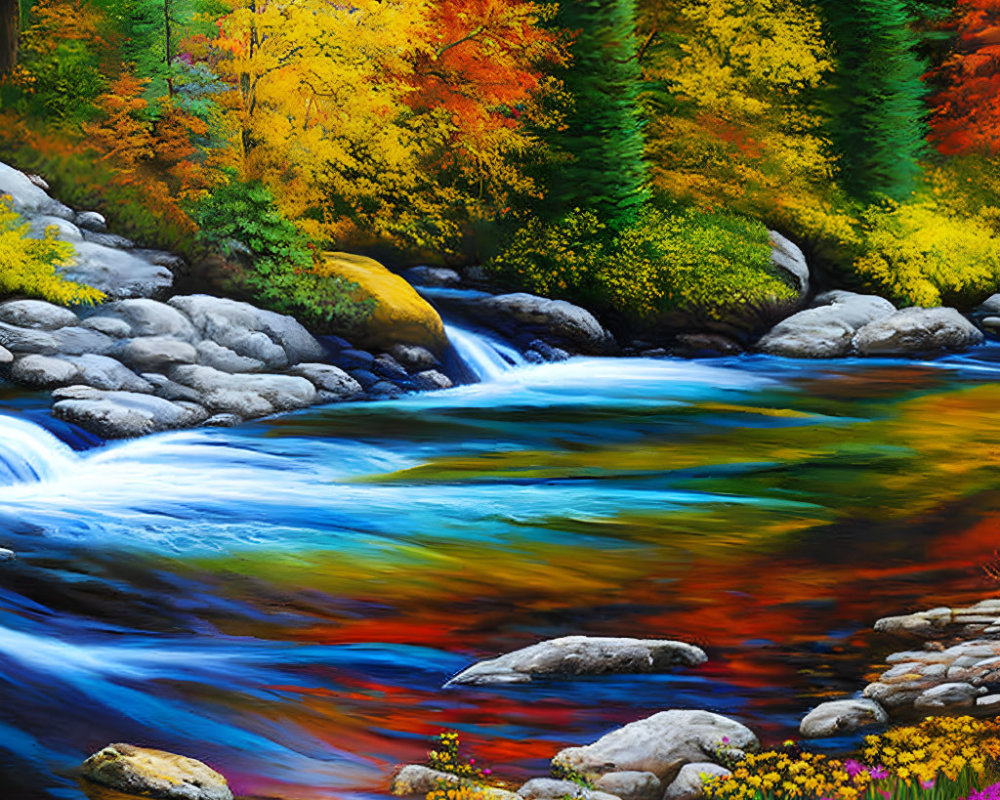 Colorful autumn landscape with river, trees, rocks, and flowers