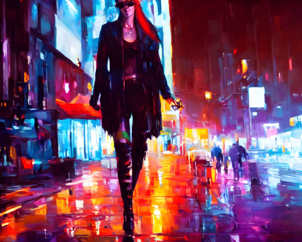 Person with long red hair in sunglasses and black coat striding through neon-lit city street at night