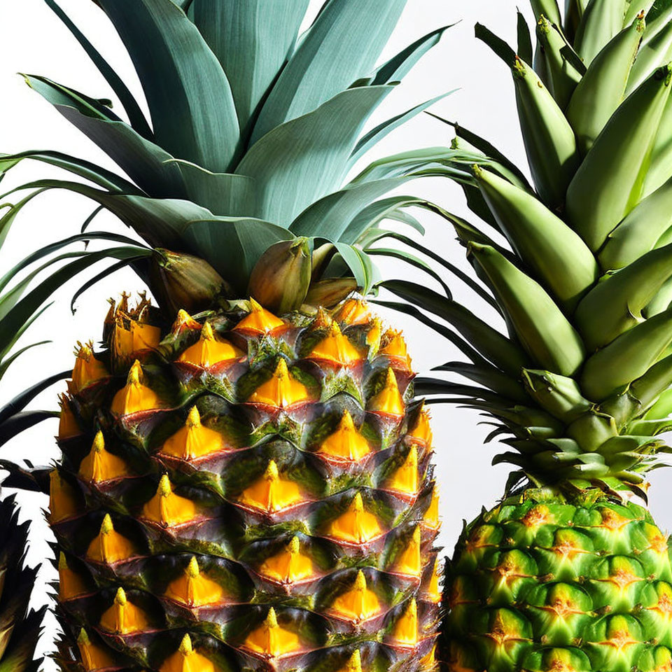 Ripe and unripe pineapples in vibrant colors on white background