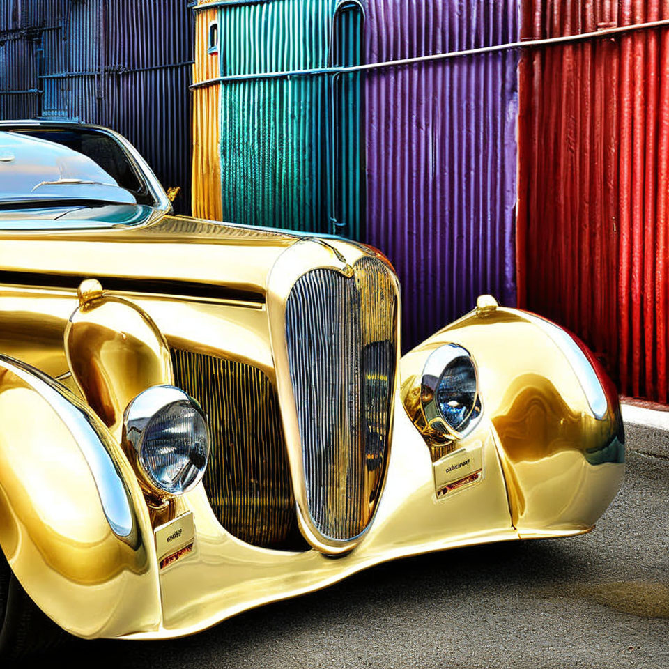 Classic Golden Car Parked in Front of Colorful Metal Walls