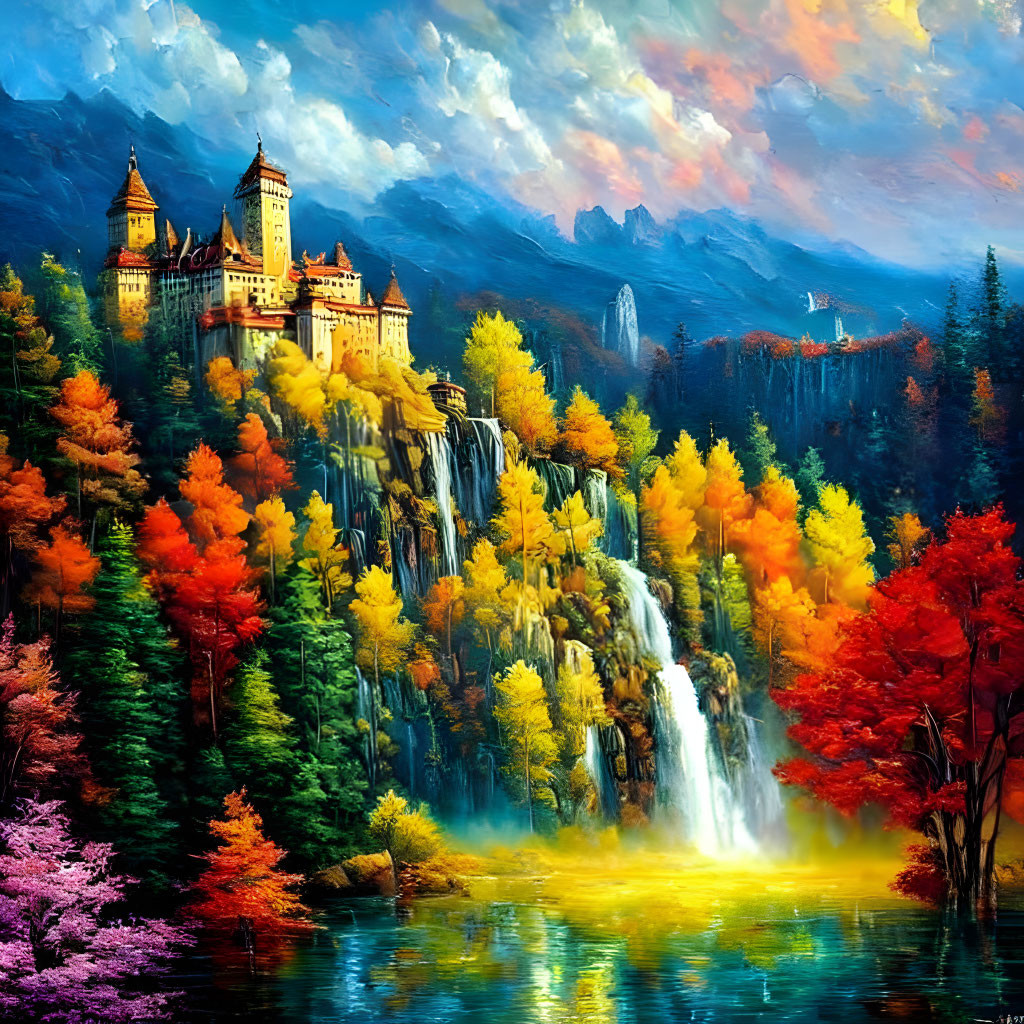 Colorful Fairytale Castle Painting Surrounded by Autumn Forest and Waterfall