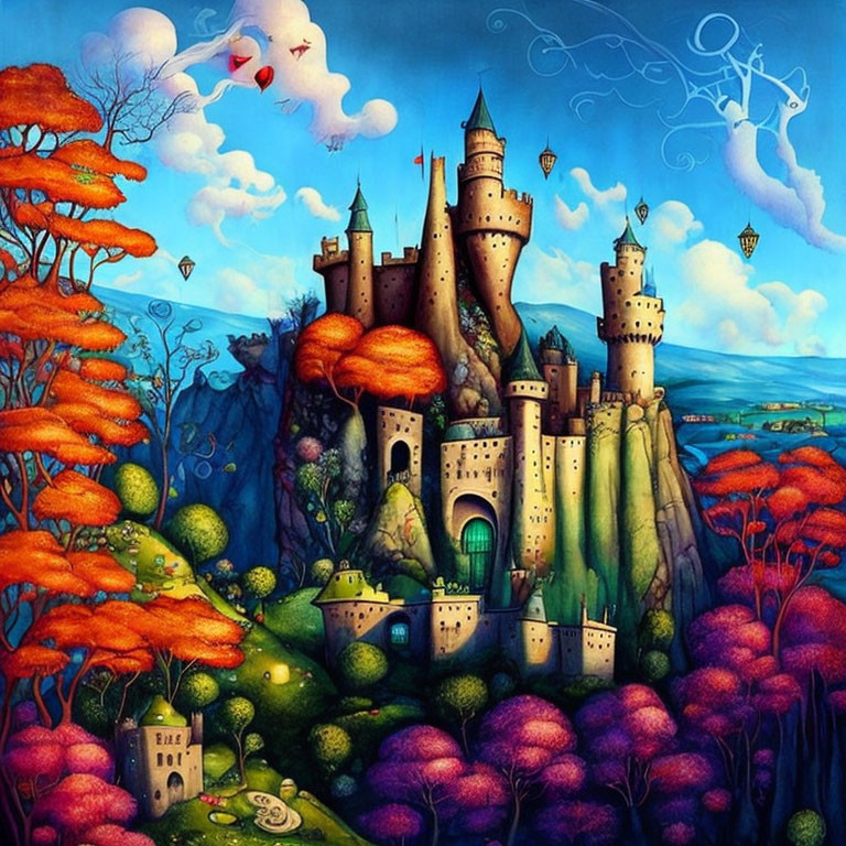 Fantasy landscape with whimsical castles, colorful foliage, and floating bicycle