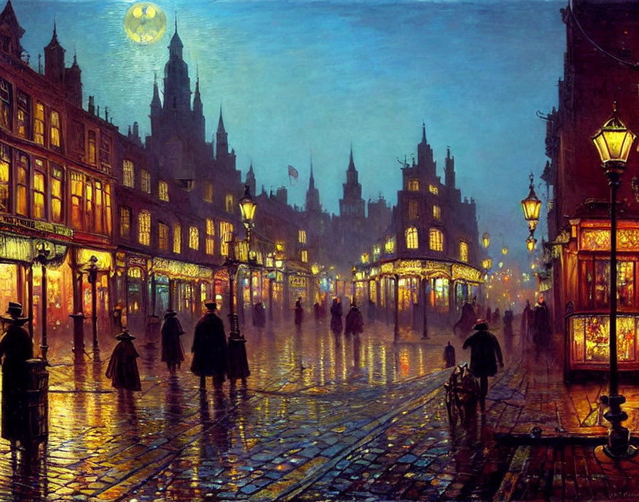 Night cityscape painting: vibrant street scene with full moon