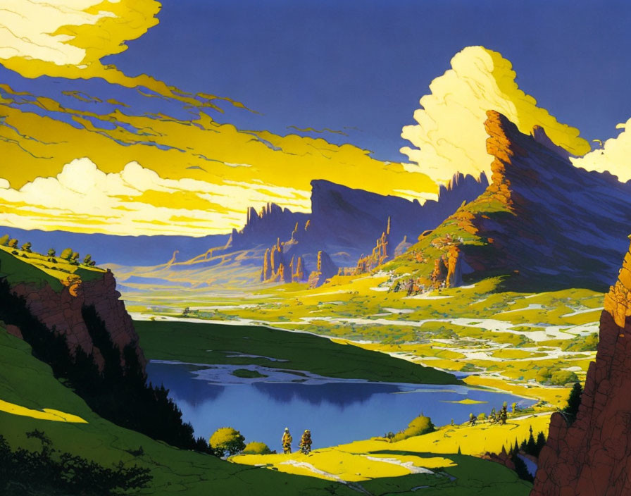 Rolling hills, serene lake, yellow skies: Vibrant animation landscape