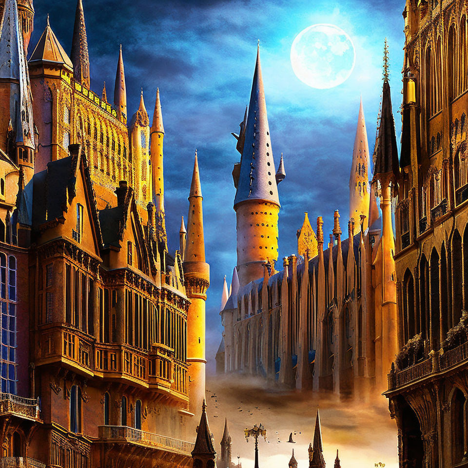 Mystical castle with towering spires under moonlit sky