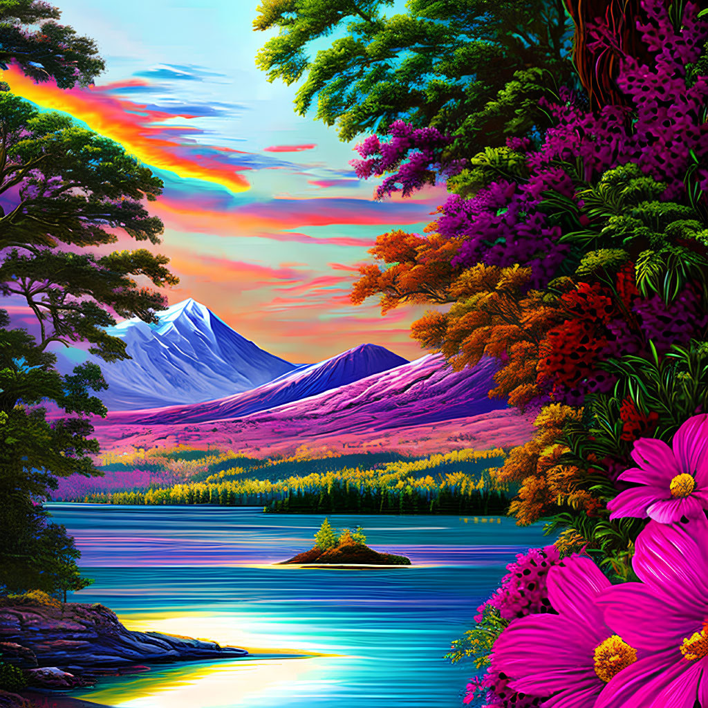 Scenic landscape with rainbow, snowy mountains, lake, and flowers