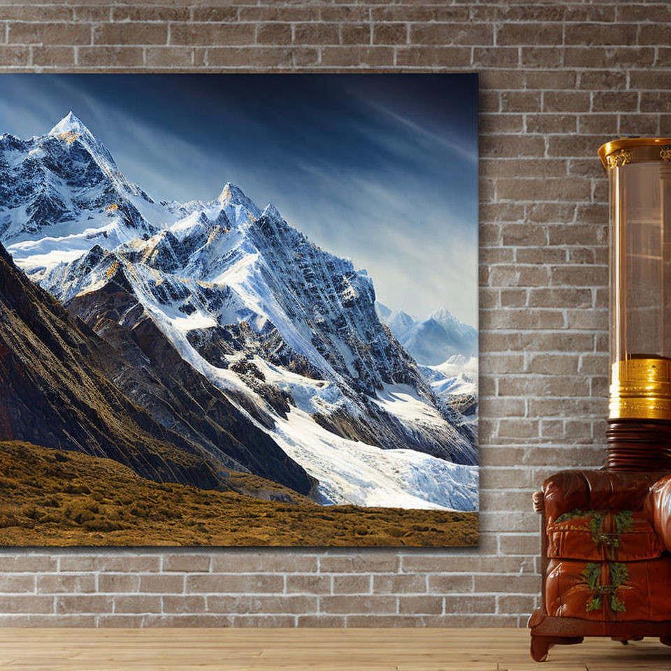 Cozy room corner with leather armchair, mountain range image, and classic floor lamp