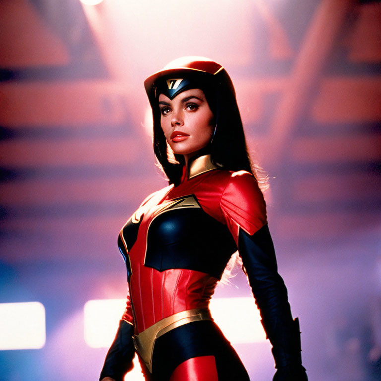 Confident woman in superhero costume with helmet, standing against blurred background