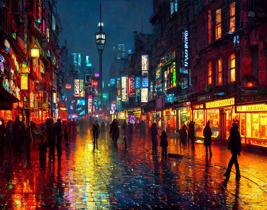 Colorful night scene: city street with neon signs, reflecting lights, and busy crowd