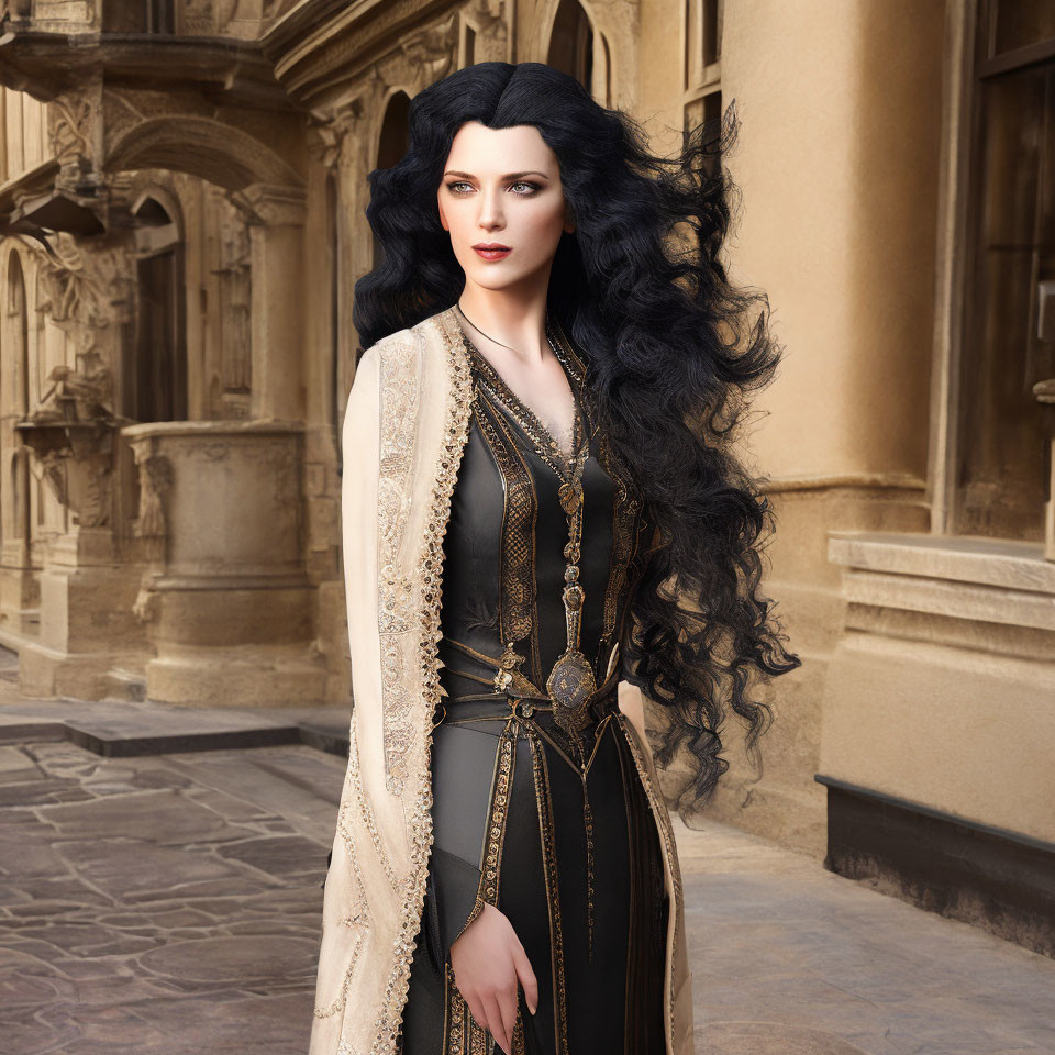 Medieval-style woman with long black hair in dark dress and beige cloak against classic architecture