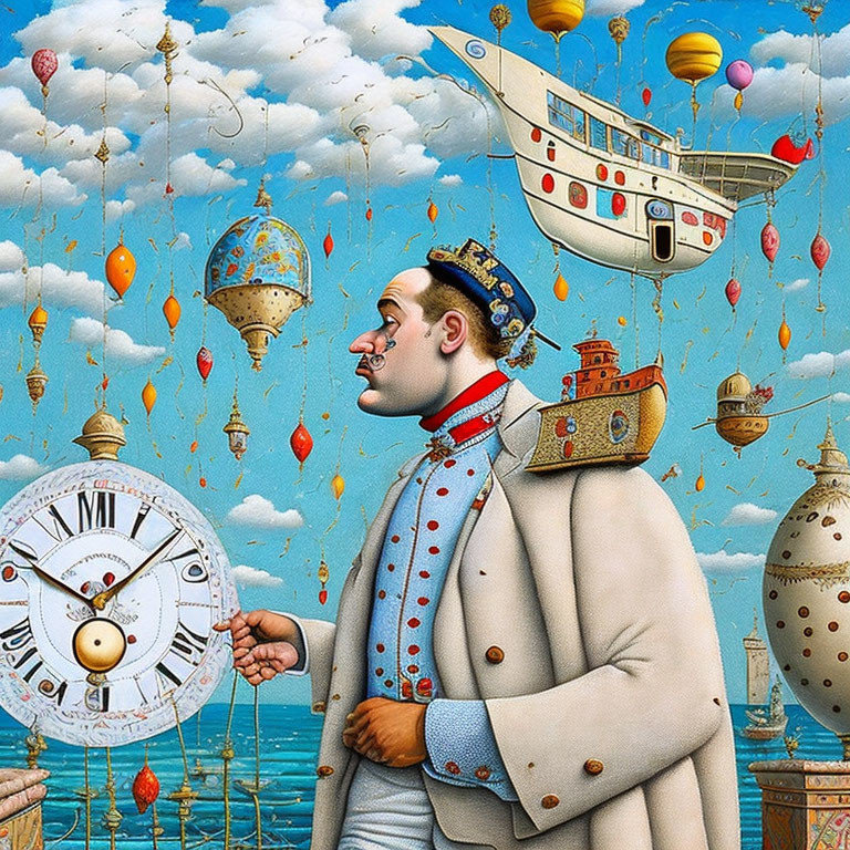 Surreal pierrot holding clock with flying ships and balloons