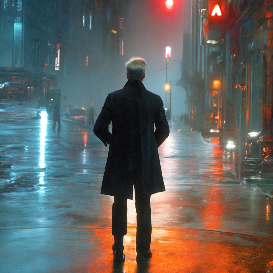 Man in coat on wet city street at night under neon lights