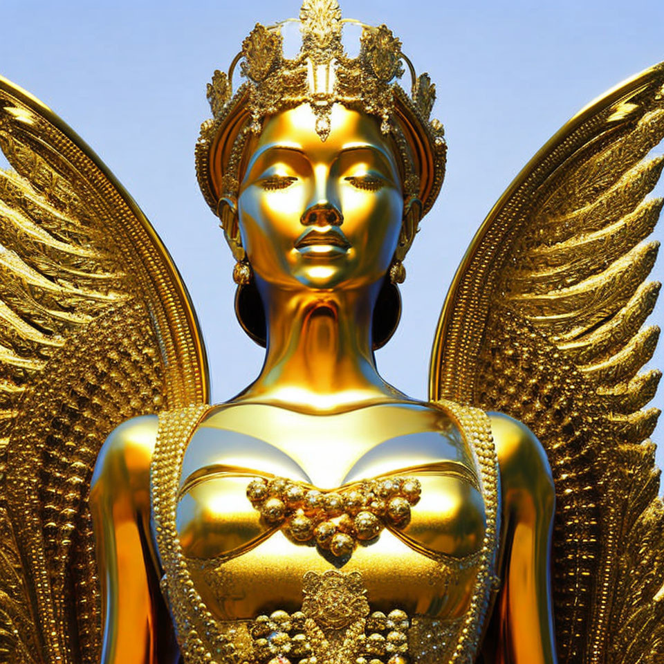 Regal figure with angelic wings and ornate crown in golden statue