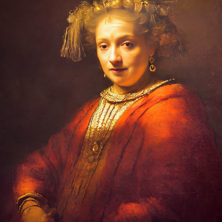 Woman in Red Dress with Adorned Hair in Classic Oil Painting