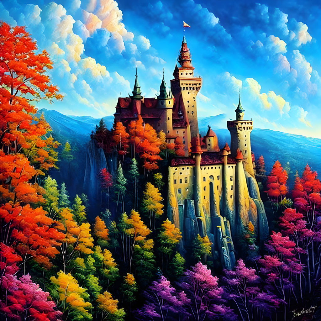 Majestic castle painting with autumn trees on cliff top