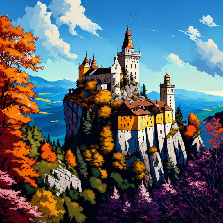 Colorful Castle on Cliff in Autumn Forest with Blue Sky