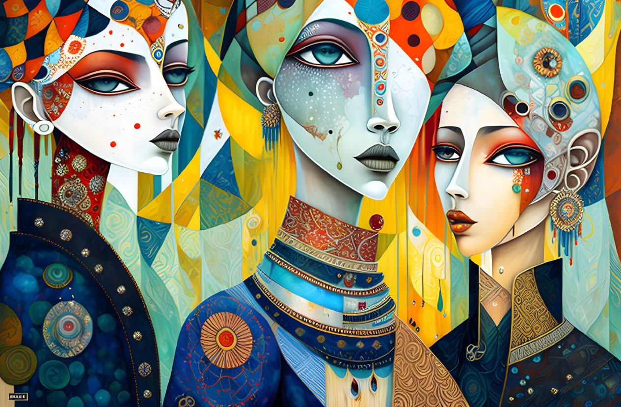 Colorful Stylized Female Figures with Ornate Headdresses