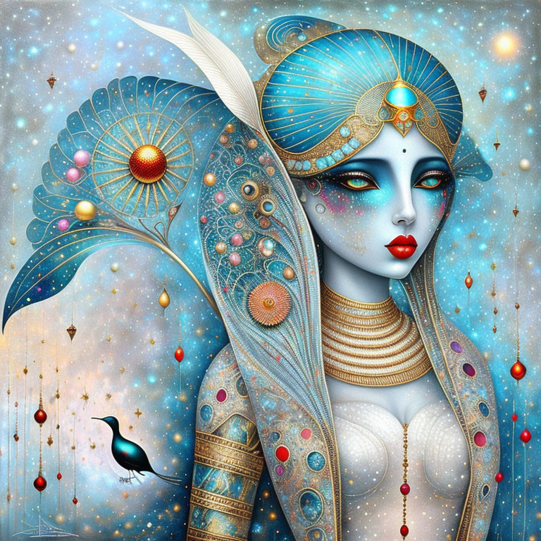 Blue-skinned woman with celestial motifs and black bird on starry backdrop