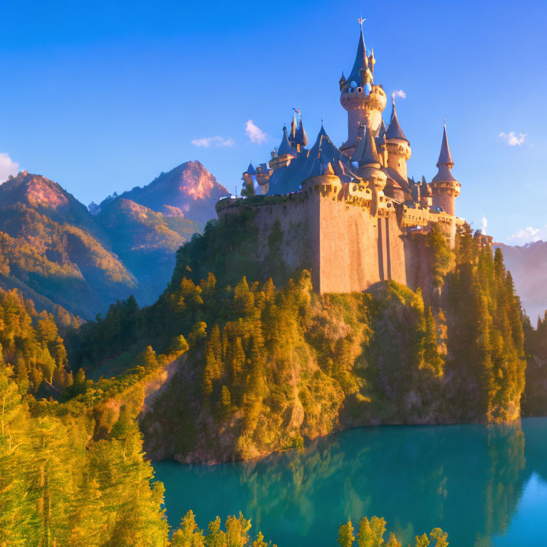 Majestic fairytale castle on hill by serene lake at sunset