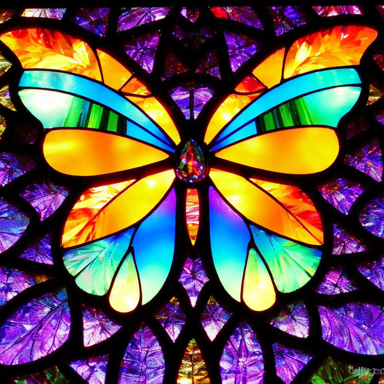 Colorful Stained Glass Butterfly on Dark Patterned Background